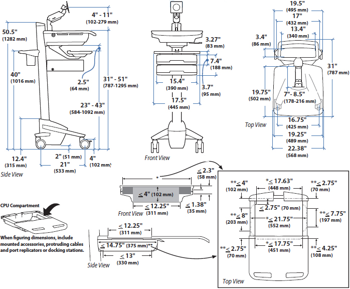 Technical Drawing for Ergotron SV41-3210-0 StyleView Healthcare Cart with LCD Arm, non-powered, 1 Drawer