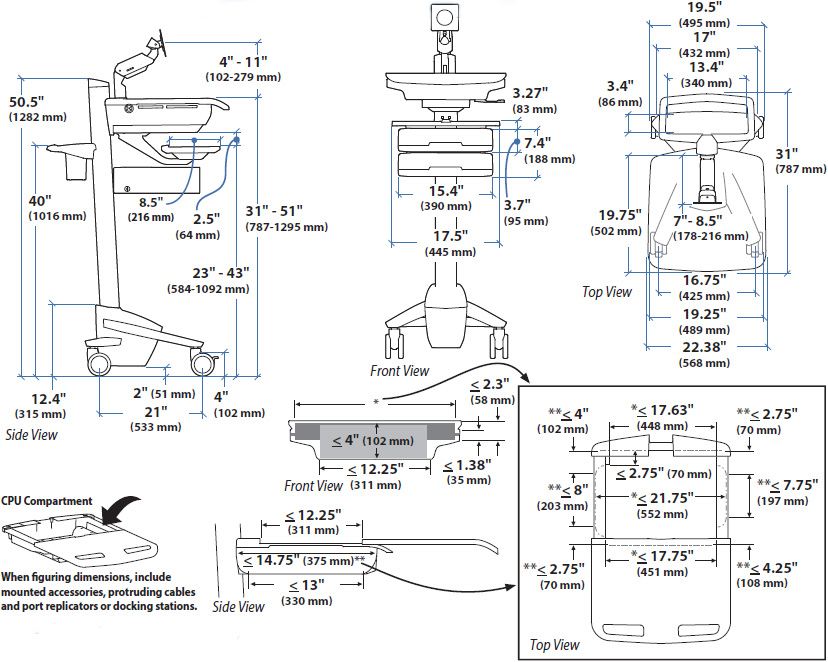 Technical drawing for Ergotron SV43-12B0-0 StyleView Cart with LCD Arm, 1 Tall Drawer