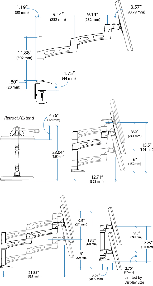 Technical Drawing for Ergotron Neo-Flex Desk Mount Arm