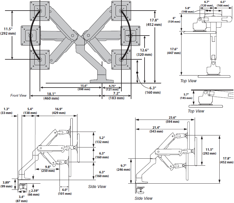 Technical Drawing for Ergotron 45-647-224 HX Desk Monitor Arm with HD Pivot for 1000R Displays (matte black)