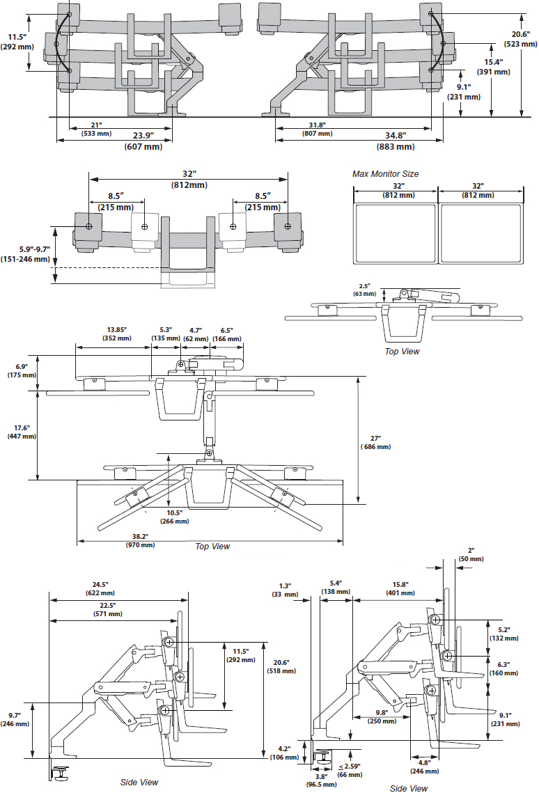 Technical Drawing for Ergotron 45-476-224 HX Desk Mount Dual Monitor Arm (matte black)