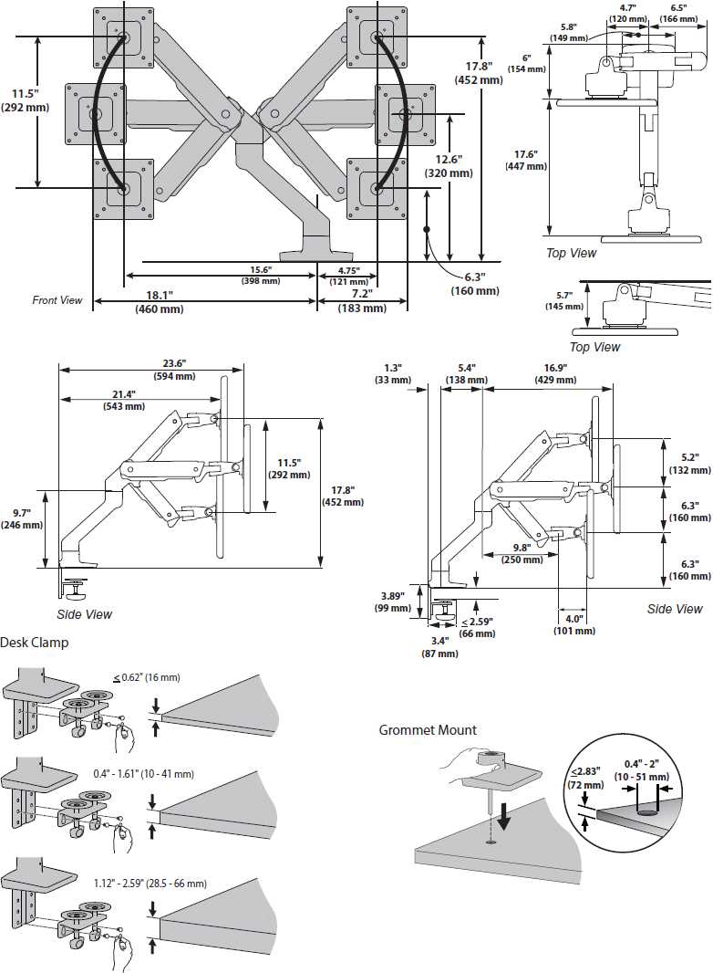 Technical Drawing for Ergotron 45-475-224 HX Desk Mount Heavy Monitor Arm (matte black)