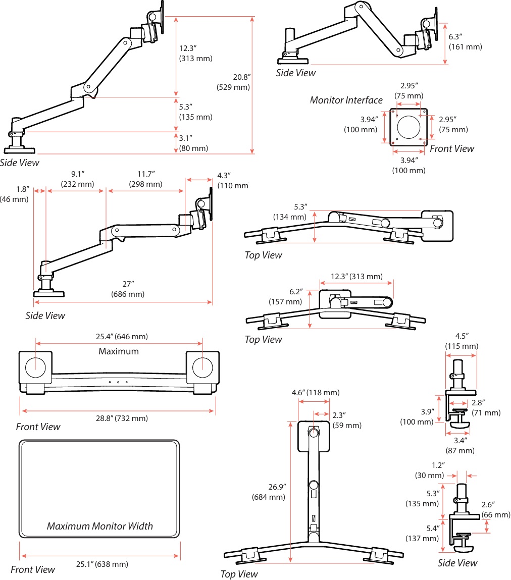 Technical Drawing for Ergotron 45-684-290 LX Pro Desk Mount Dual Monitor Direct Arm (white)