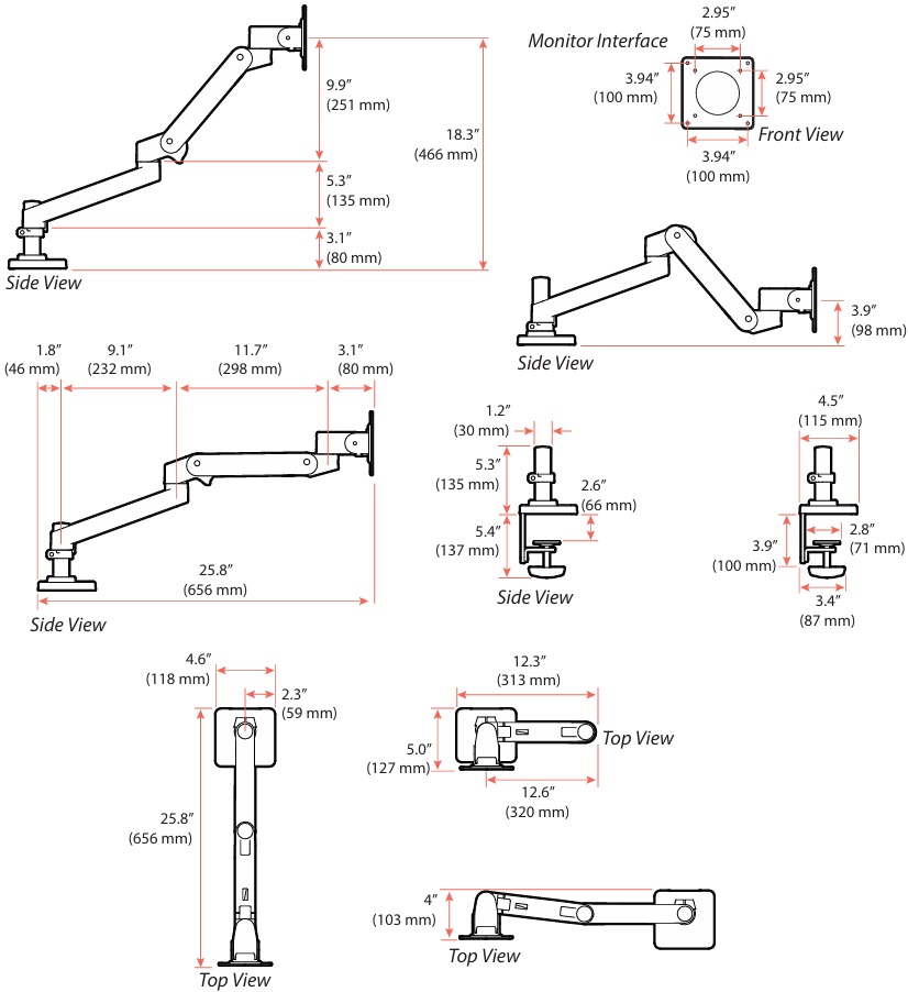 Technical Drawing for Ergotron 45-682-293 LX Pro Desk Mount Single Monitor Arm (grey)