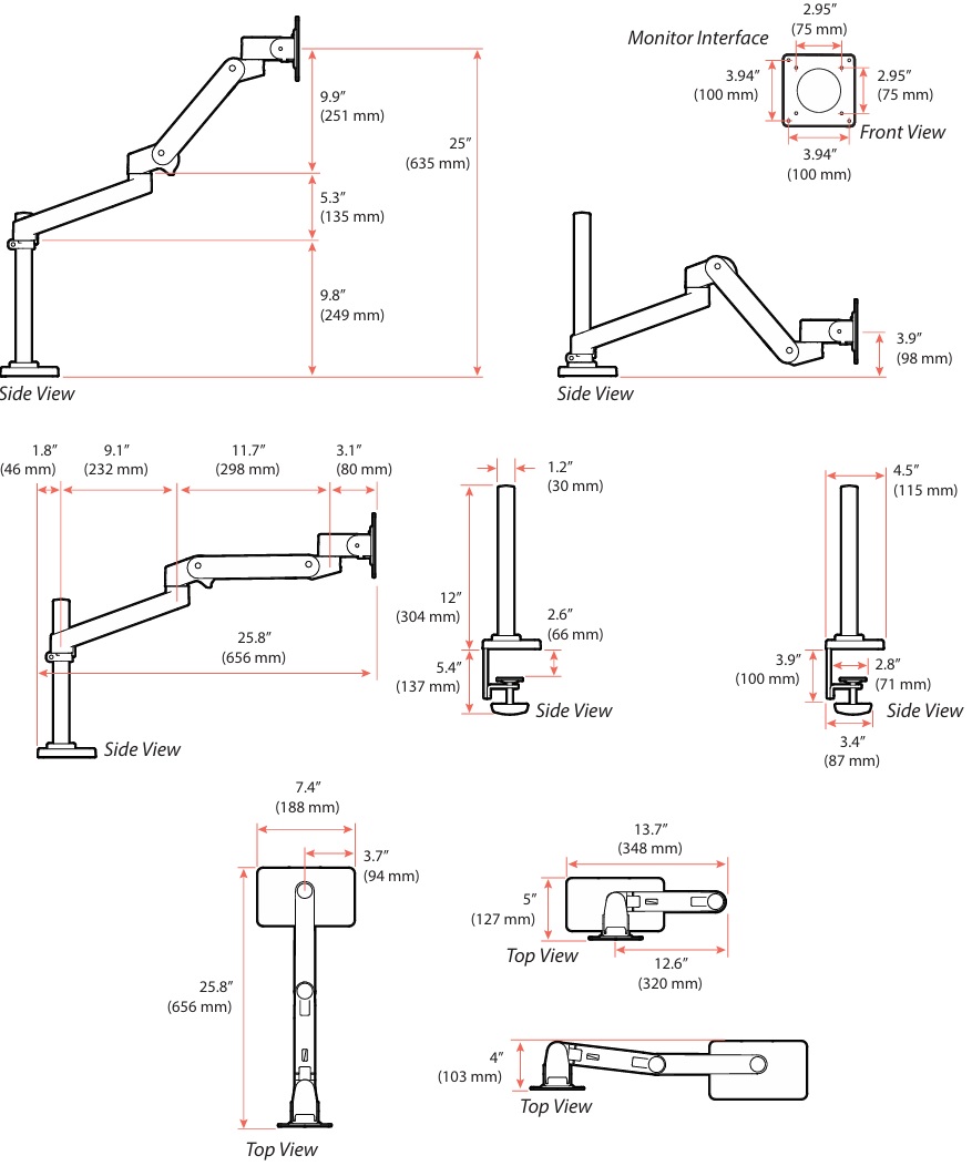 Technical Drawing for Ergotron 45-695-293 LX Pro Desk Mount Articulating Monitor Arm, Tall Pole (grey)