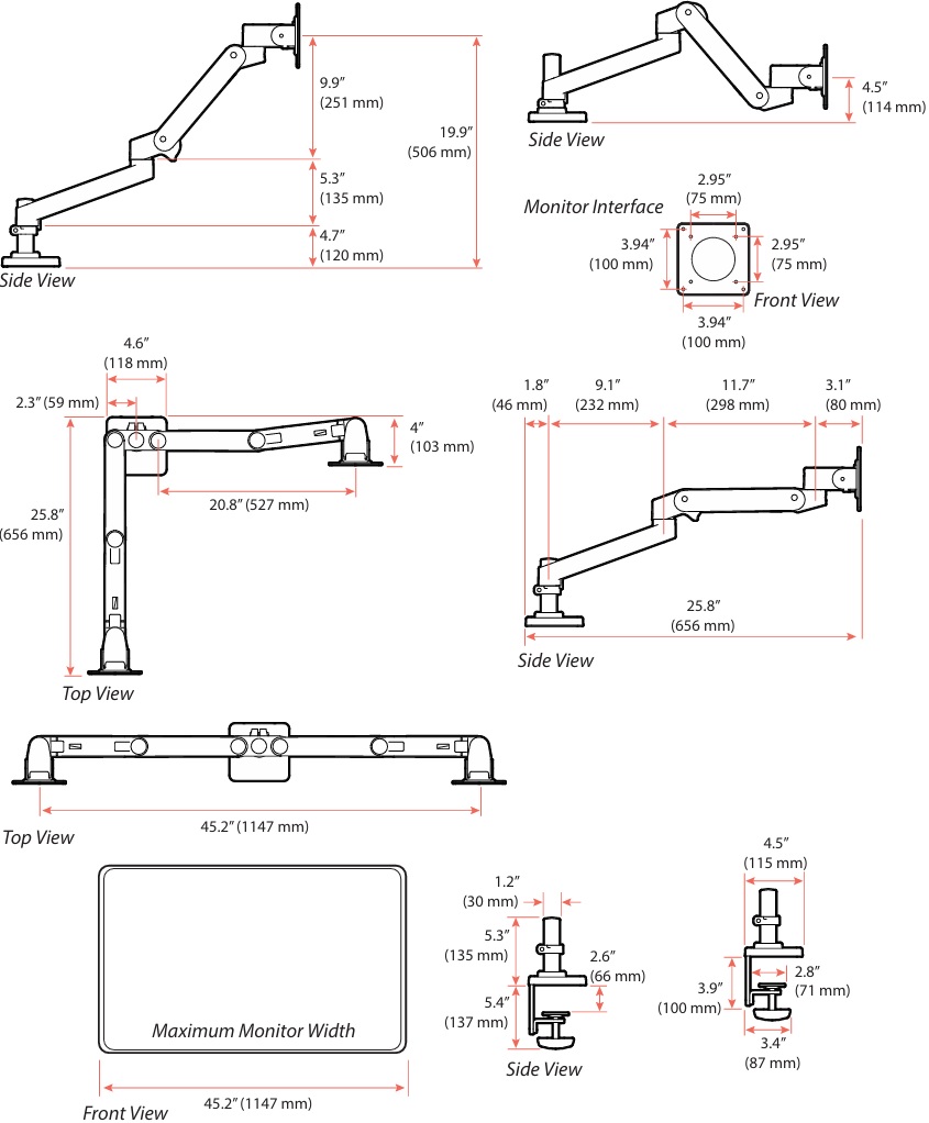Technical Drawing for Ergotron 45-686-293 LX Pro Dual Monitor Side-by-Side Arm (dark grey)