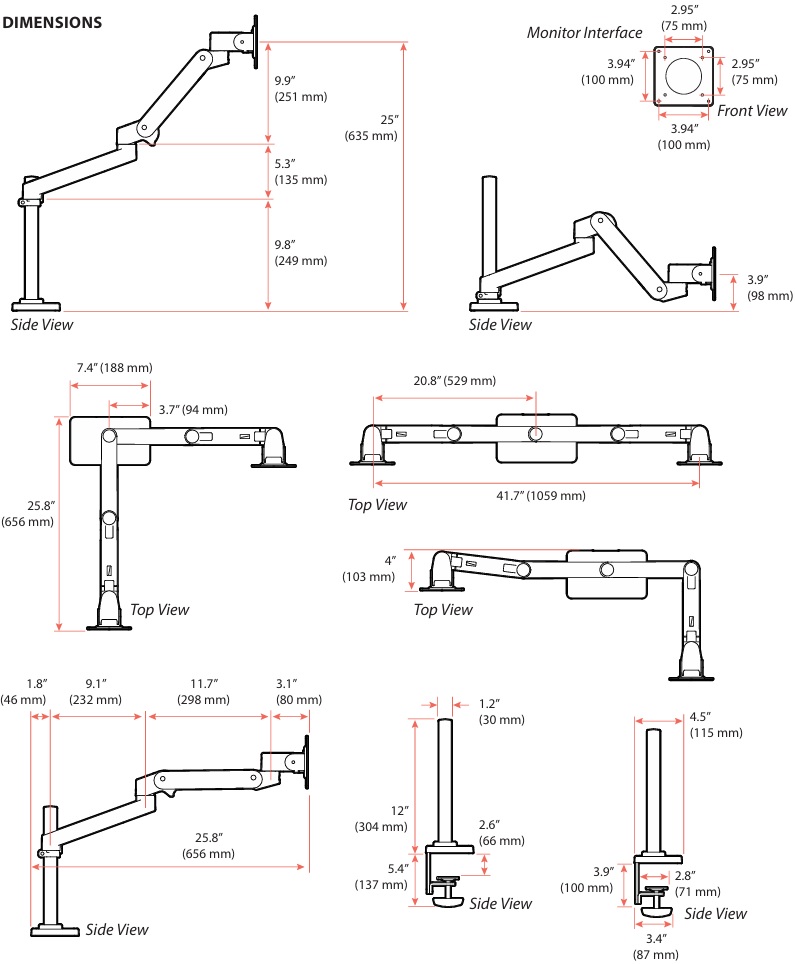 Technical Drawing for Ergotron 45-690-293 LX Pro Dual Monitor Desk Mount Stacking Arm (grey)