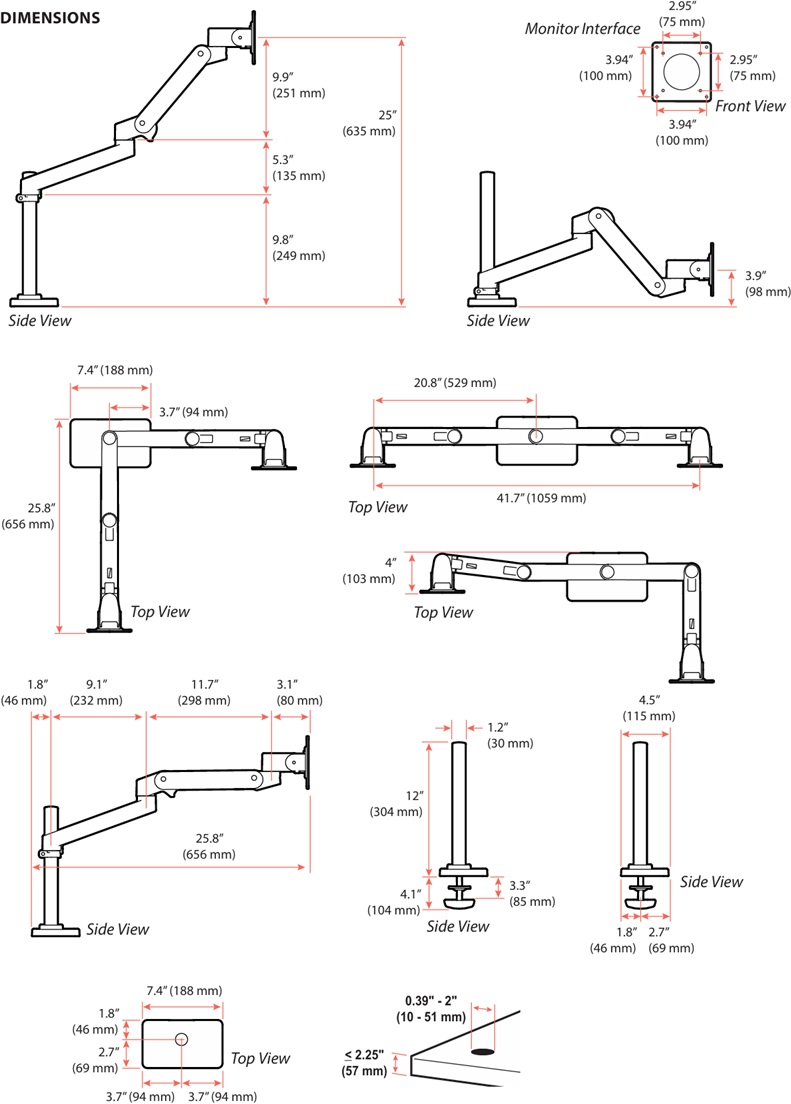 Technical Drawing for Ergotron 45-710-292 LX Pro Dual Stacking Arm, Grommet Mount (black)