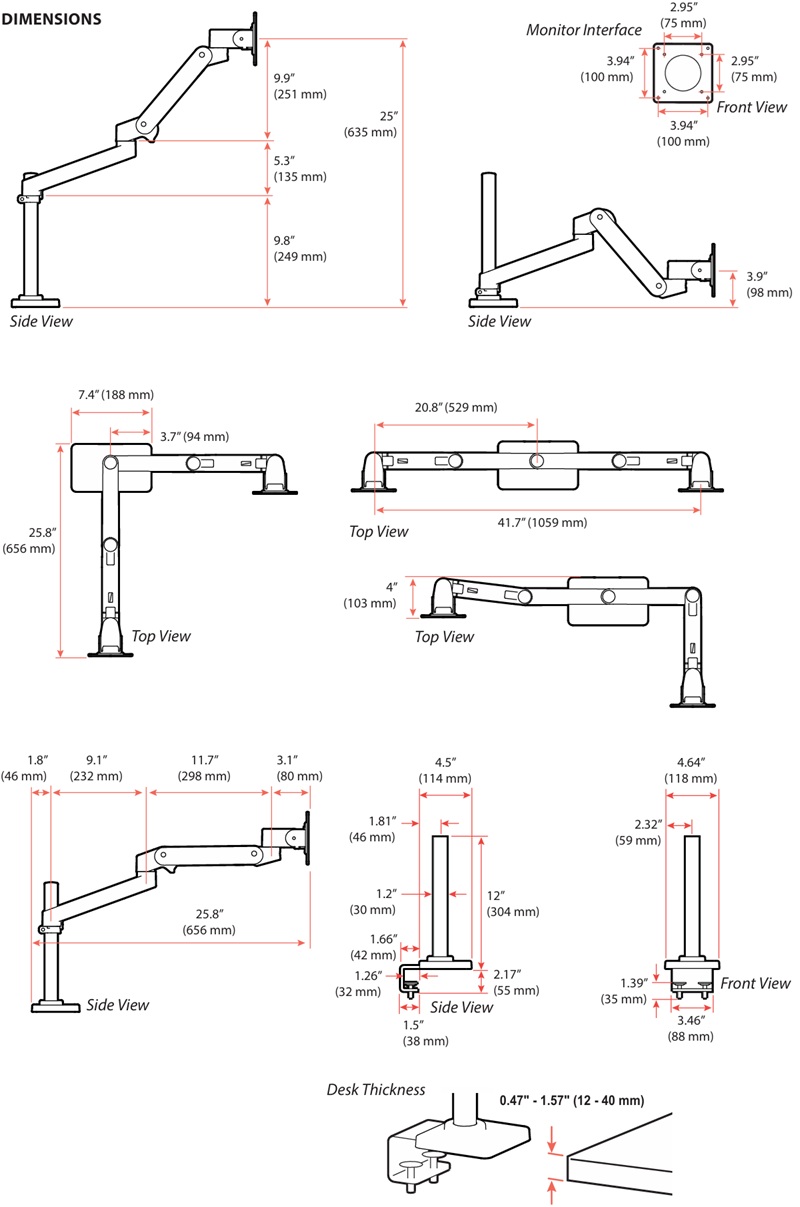 Technical Drawing for Ergotron 45-714-290 LX Pro Dual Stacking Arm, C-Clamp (white)