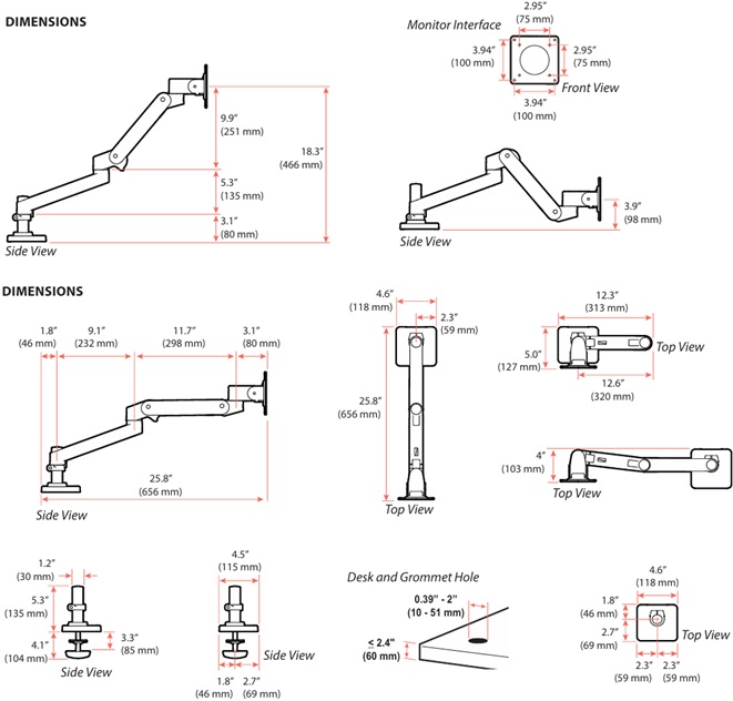 Technical drawing for Ergotron 45-708-293 LX Pro Grommet Mount Monitor Arm (grey)