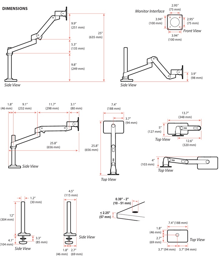 Technical drawing for Ergotron 45-709-290 LX Pro Grommet Mount Arm, Tall Pole (white)
