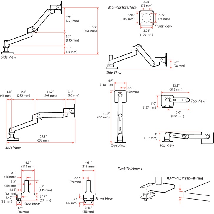 Technical drawing for Ergotron 45-712-292 LX Pro Desk Monitor Arm, C-Clamp (black)