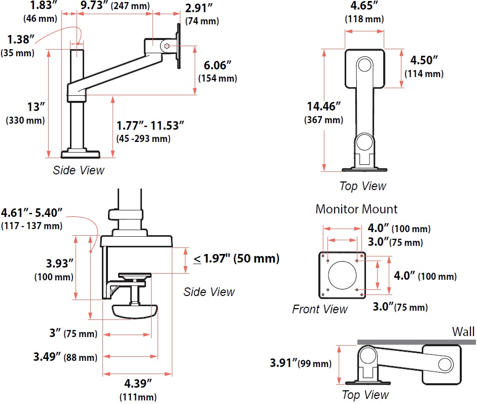 Technical Drawing for Ergotron 45-669-216 NX Swing Arm Single Monitor Desk Mount