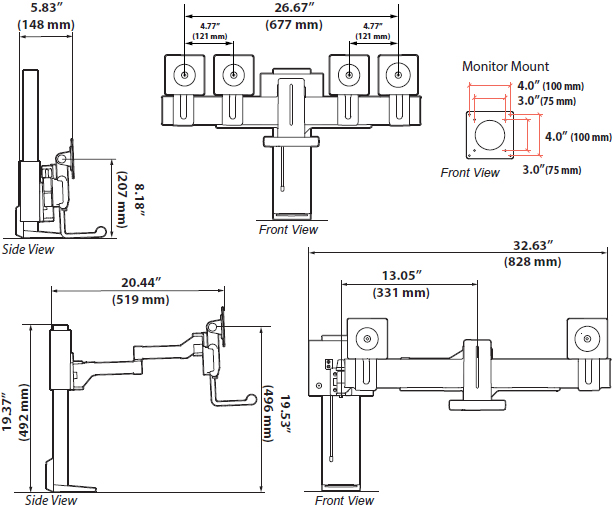 Technical Drawing for Ergotron 45-631-216 TRACE Dual Monitor Desk Mount (white)