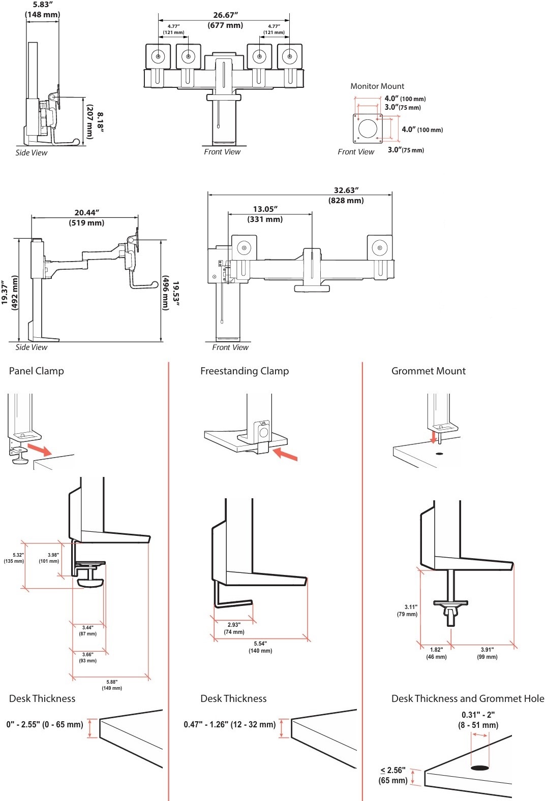 Technical Drawing for Ergotron TDD-MA-PA-251 TRACE Dual Monitor Mount with Panel Clamp (white)