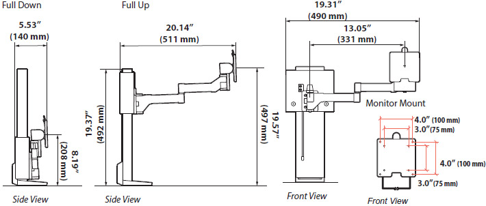 Technical Drawing for Ergotron 45-630-224 TRACE Single Monitor Desk Mount (matte black)