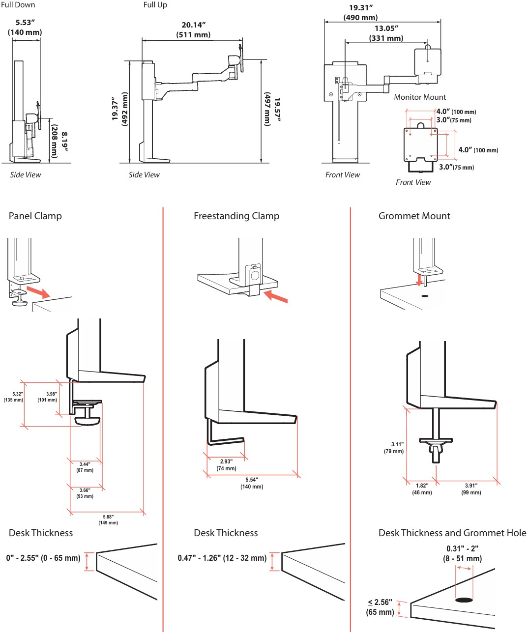 Technical Drawing for 
Ergotron TDS-MA-PA-224 TRACE Monitor Mount with Panel Clamp (black)