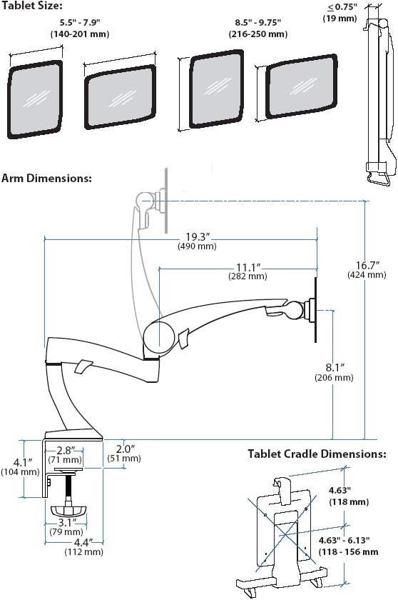 Technical drawing for Ergotron 45-306-101 Neo-Flex Desk Mount Tablet Arm