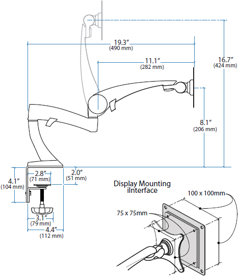 Technical drawing for Ergotron 45-174-300 Neo-Flex Monitor Arm