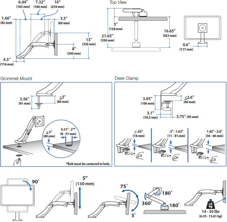 Technical drawing for Ergotron 45-214-026 MX Desk Mount Monitor Arm