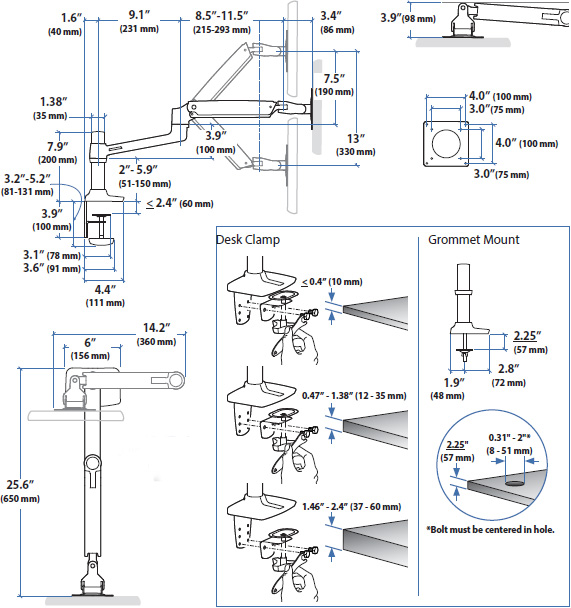 Technical drawing for ergotron-45-241-224-LX-desk-mount-monitor-arm-drawing