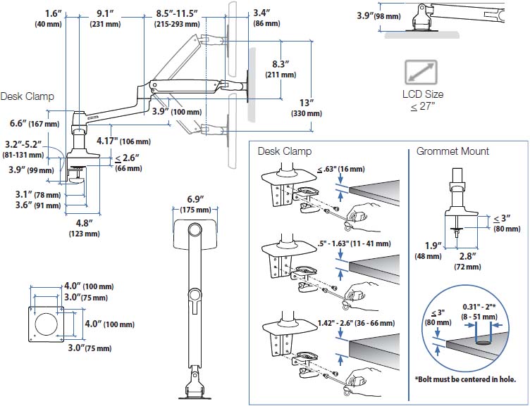 Technical drawing for Ergotron 45-245-026 LX Dual Side-by-Side Arm