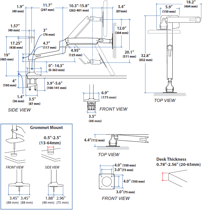 Technical drawing for Ergotron 45-360-026 LX Sit-Stand Desk Mount LCD Arm