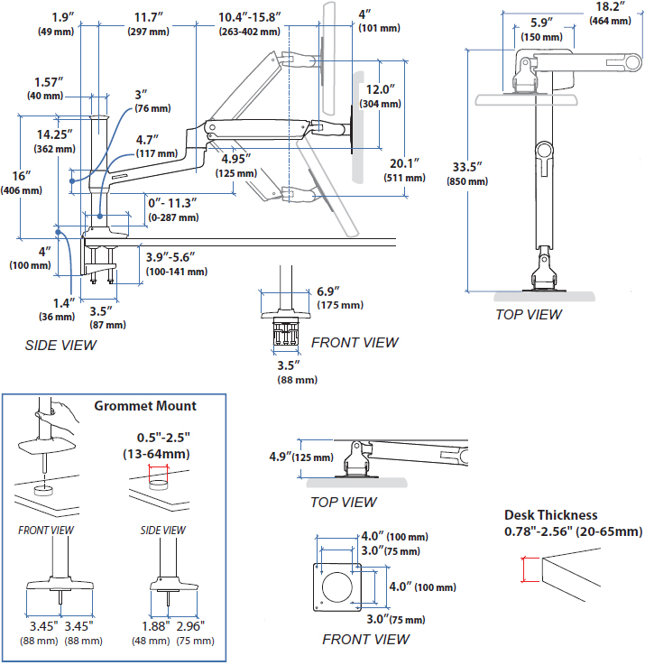 Technical Drawing for Ergotron 45-384-026 LX HD Sit-Stand Desk Mount LCD Arm