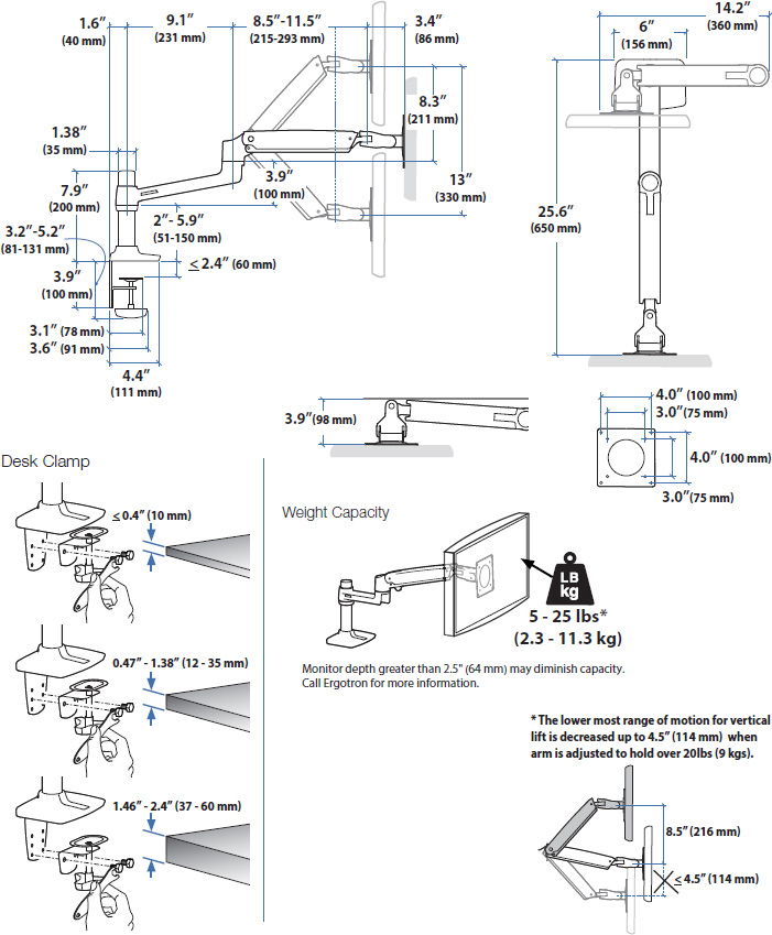 Technical drawing for Ergotron 45-490-216 LX Desk Mount LCD Monitor Arm