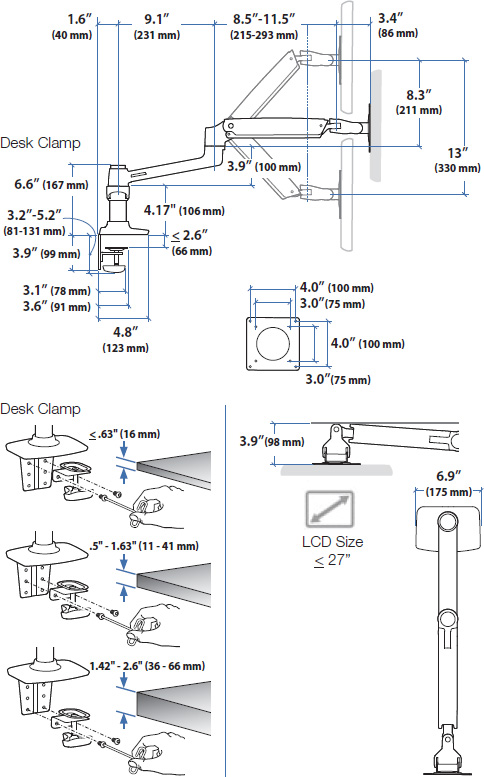 Technical drawing for Ergotron 45-491-216 LX Dual Monitor Arm, Side-by-Side
