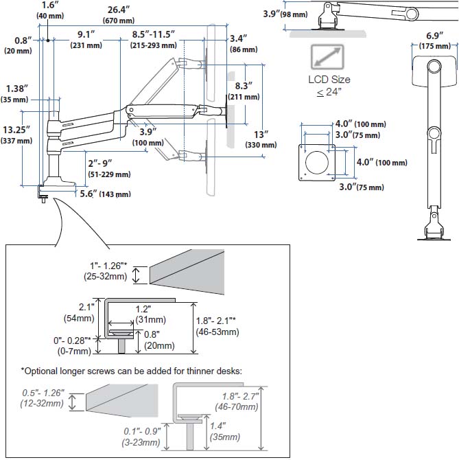 Technical Drawing for Ergotron 45-502-216 LX Dual Stacking Arm with Under Mount C-Clamp