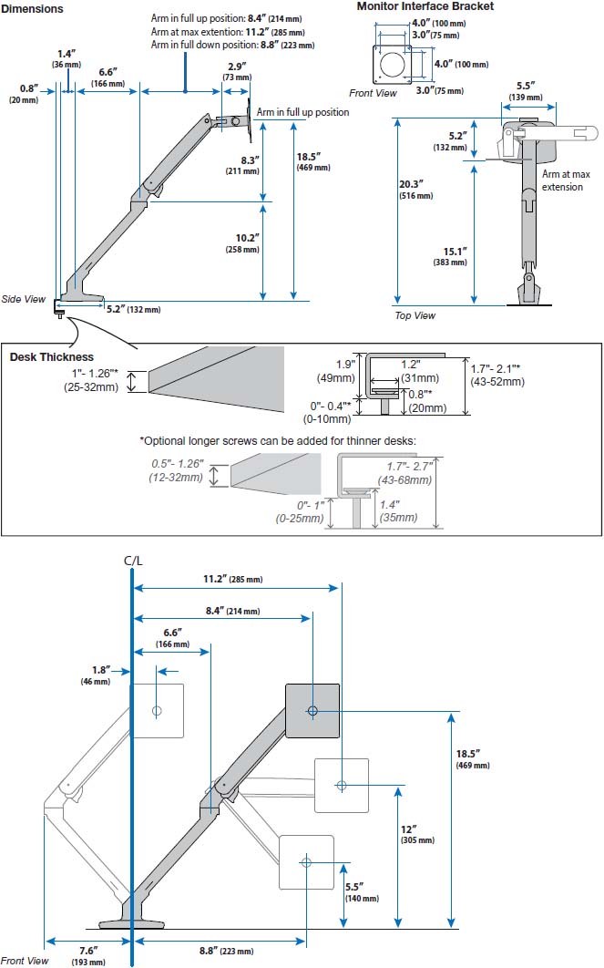 Technical Drawing for Ergotron 45-508-216 MXV Desk Monitor Arm with Under Mount C-Clamp