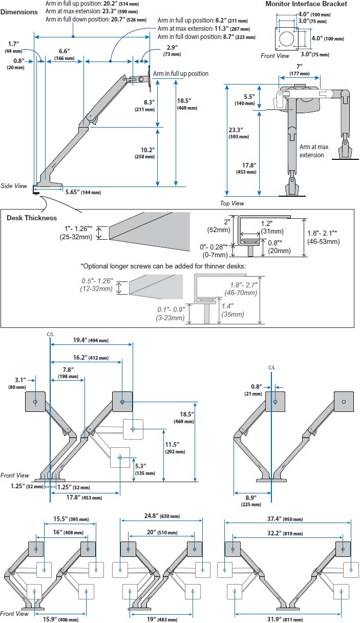 Technical Drawing for Ergotron 45-518-216 MXV Desk Dual Monitor Arm with Under Mount C-Clamp
