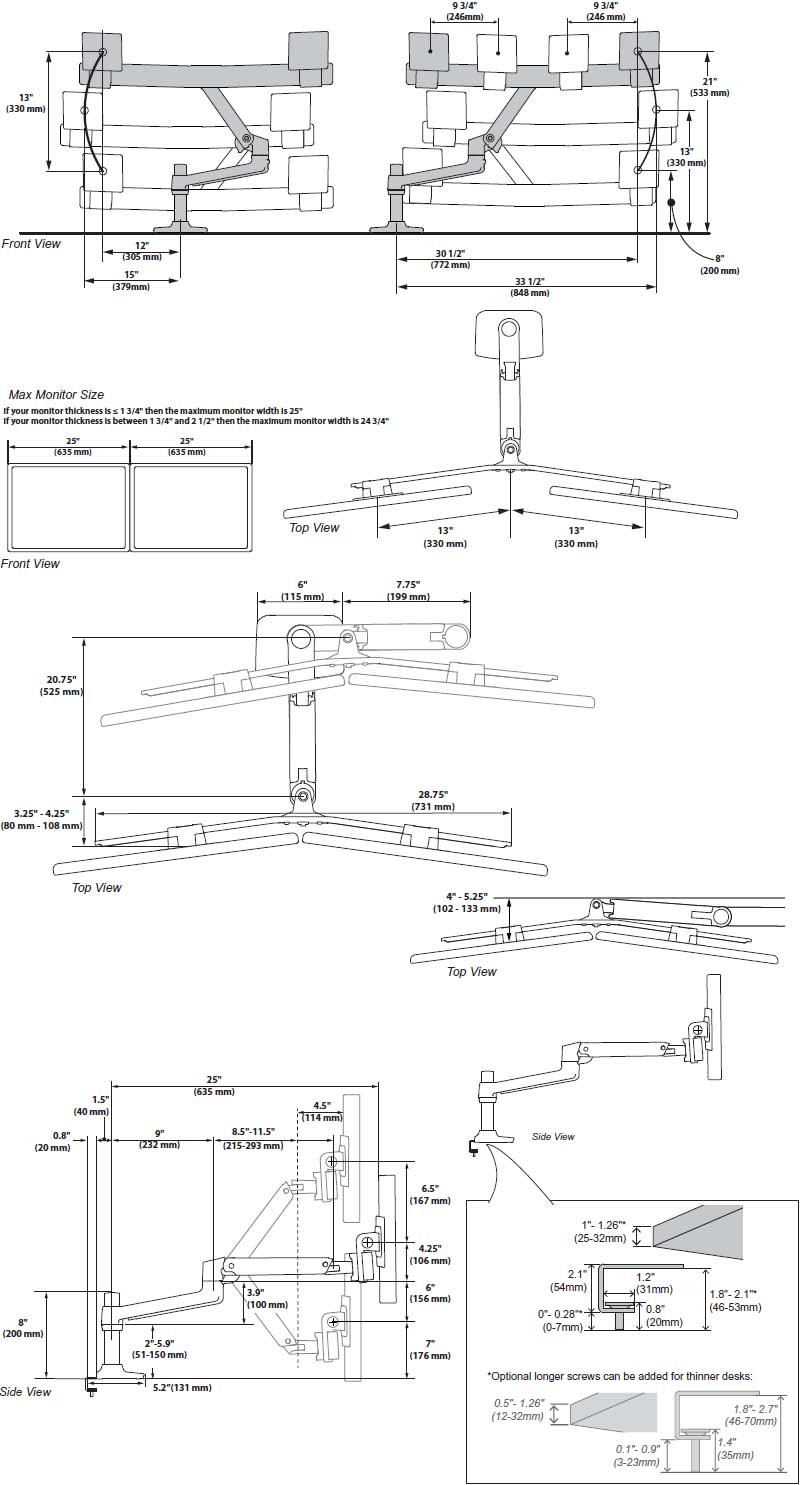 Technical Drawing for Ergotron 45-522-216 LX Desk Dual Direct Arm with Under Mount C-Clamp