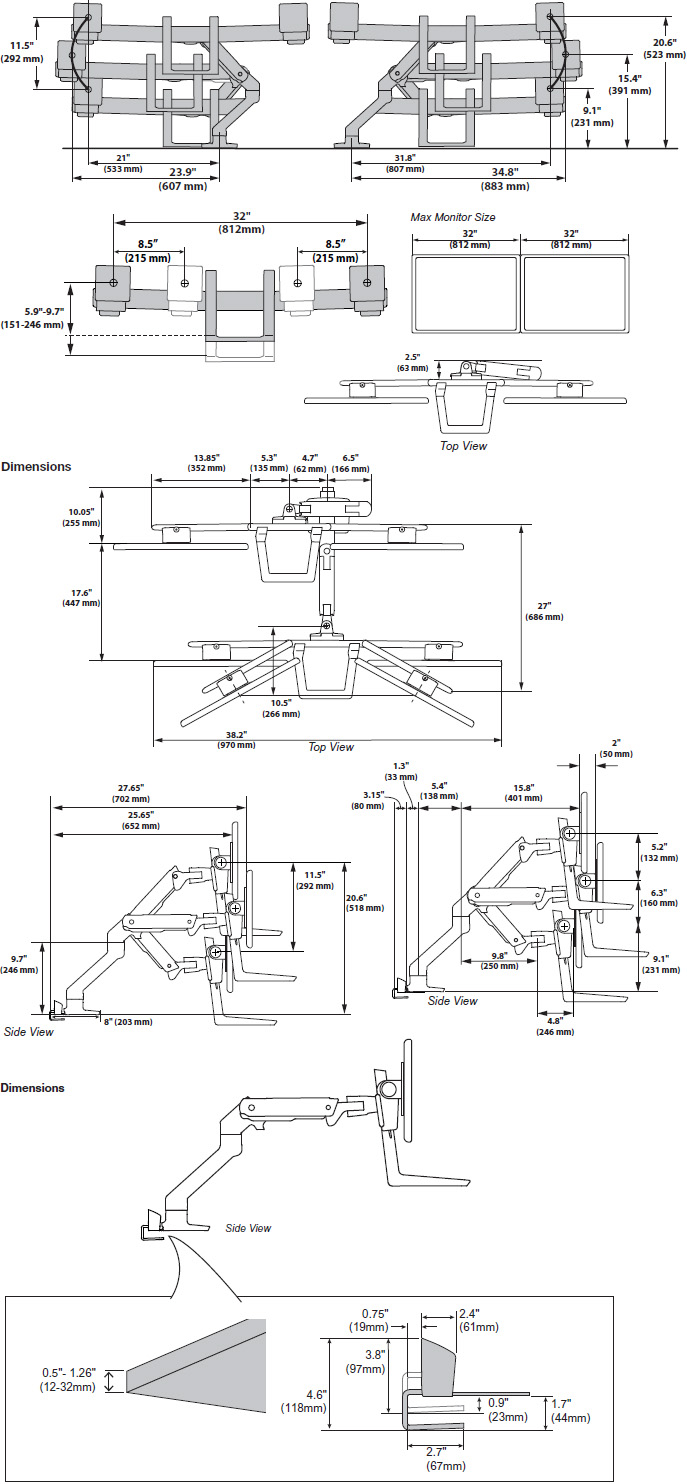 Technical Drawing for Ergotron 45-524-216 HX Desk Dual Monitor Arm with Top Mount C-Clamp