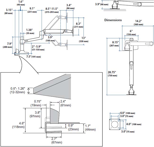 Technical Drawing for Ergotron 45-526-216 LX Desk Monitor Arm with Top Mount C-Clamp