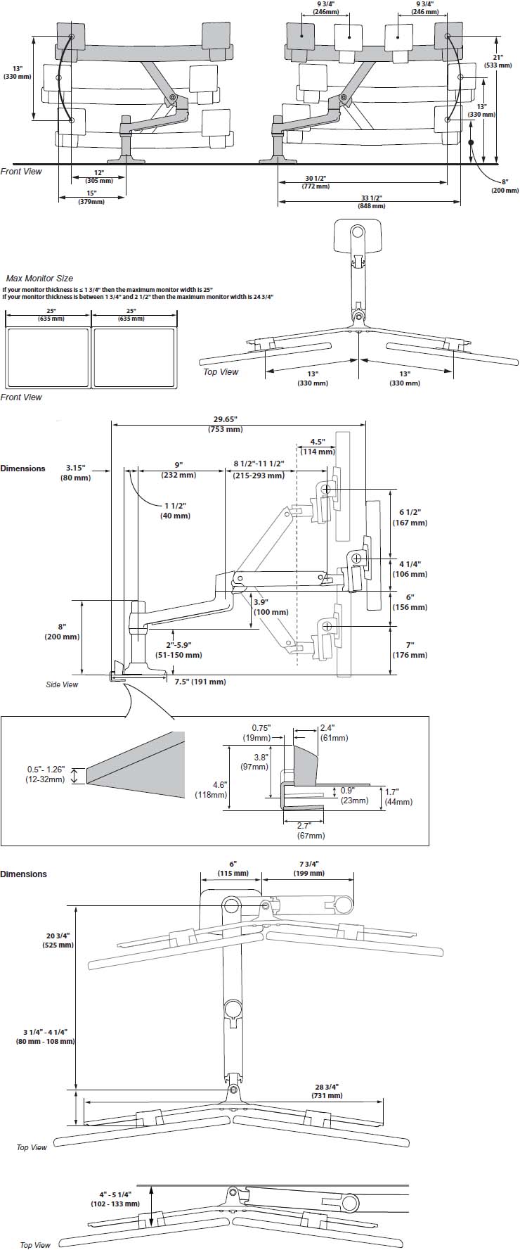 Technical Drawing for Ergotron 45-527-216 LX Desk Dual Direct Arm with Top Mount C-Clamp