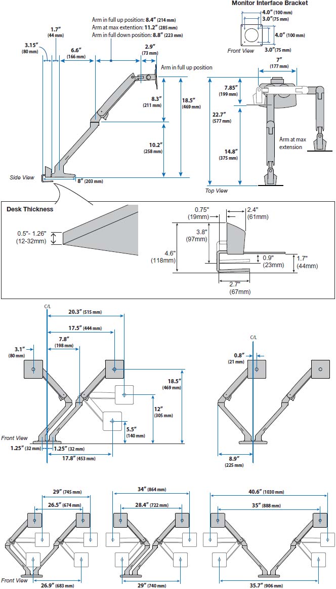 Technical Drawing for Ergotron 45-530-216 MXV Desk Dual Monitor Arm with Top Mount C-Clamp