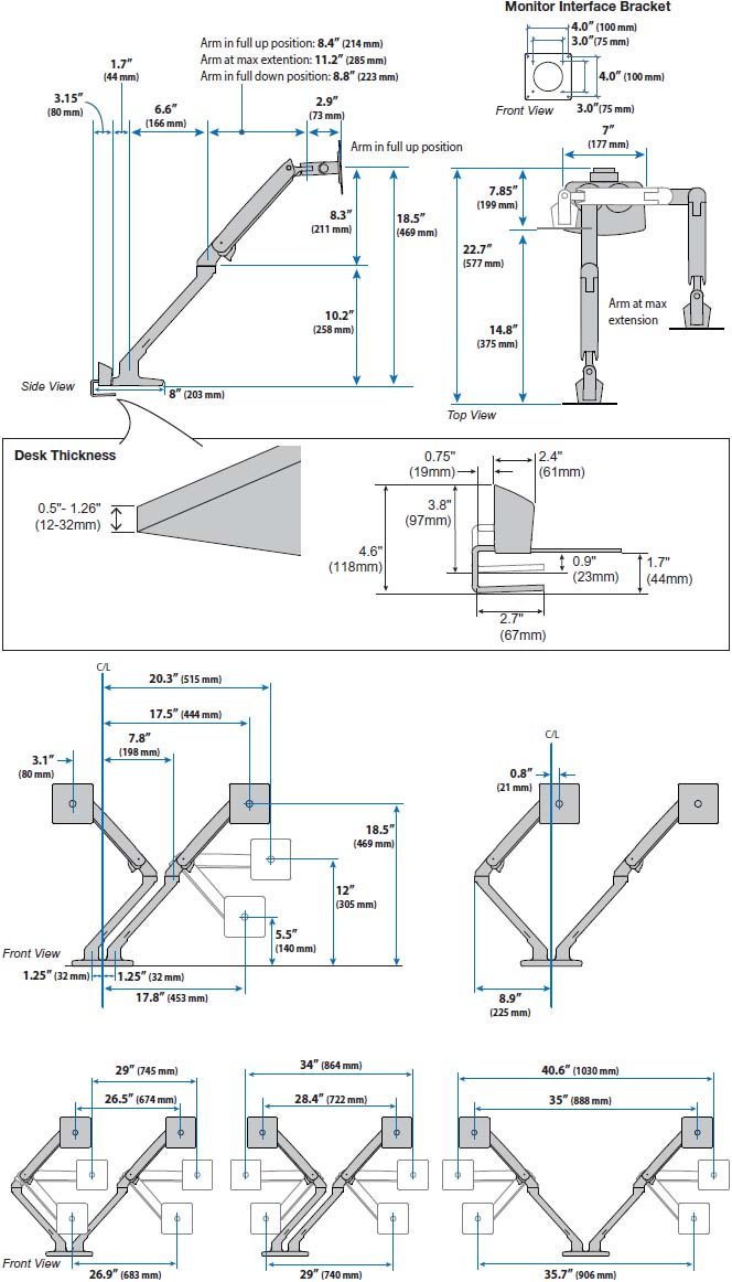 MXV Desk Dual Monitor Arm, Under Mount C-Clamp