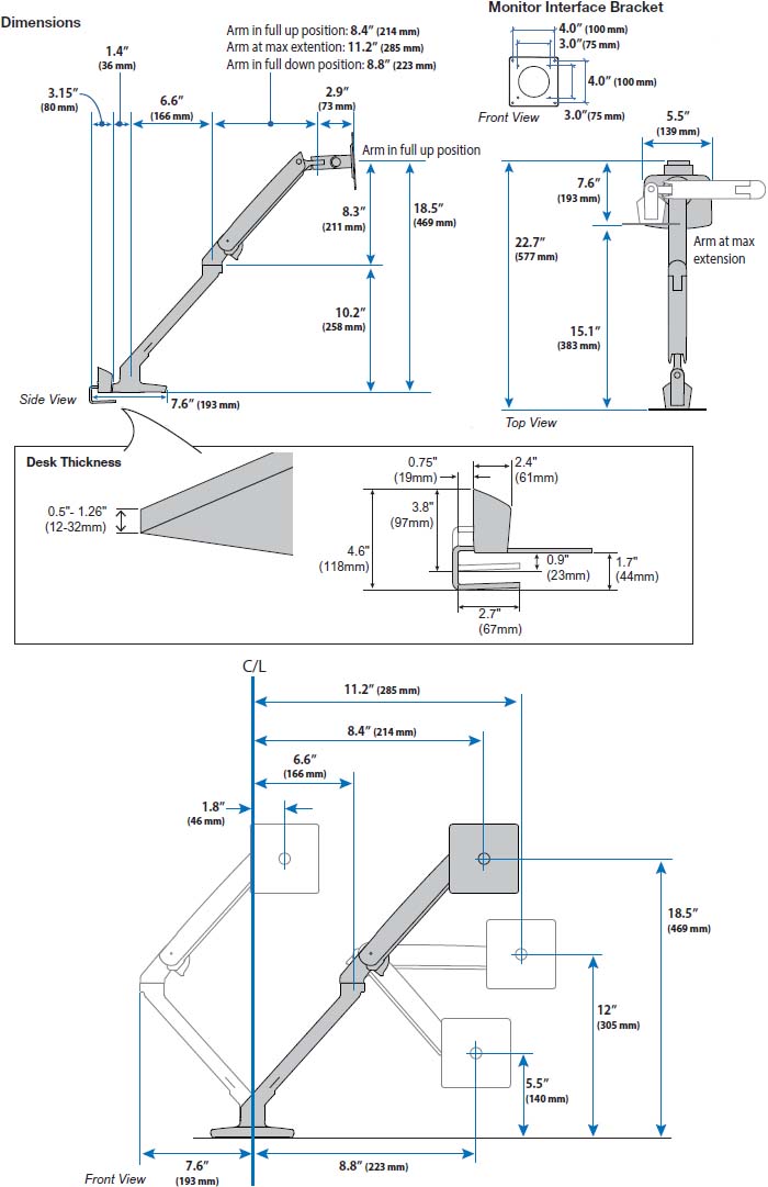 Technical Drawing for Ergotron 45-531-216 MXV Desk Monitor Arm with Top Mount C-Clamp