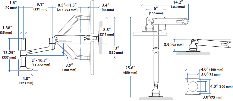 Technical Drawing for Ergotron 45-542-216 LX Desk Monitor Arm, Tall Pole, No Clamp