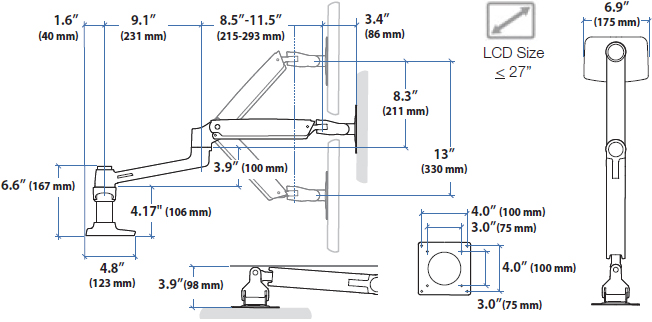 Technical Drawing for Ergotron 45-543-216 LX Dual Side-by-Side Arm, No Clamp
