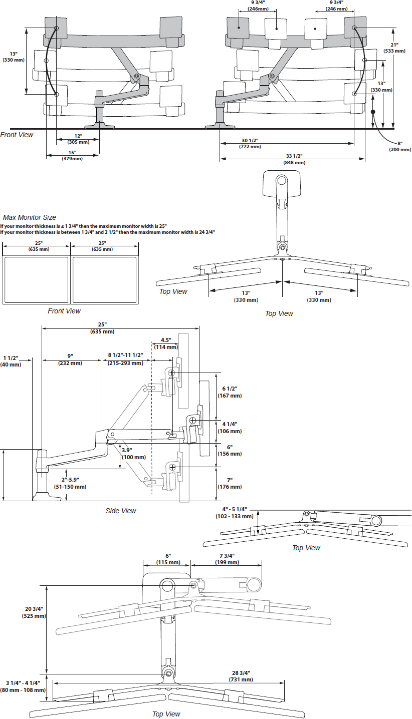 Technical Drawing for Ergotron 45-544-216 LX Desk Mount Dual Direct Arm, No Clamp