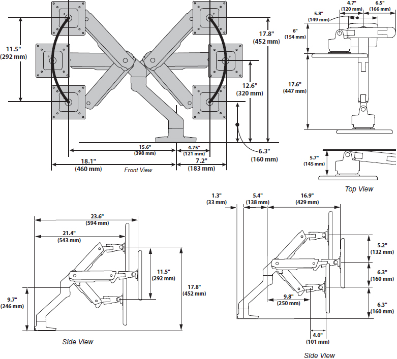 Technical Drawing for Ergotron 45-547-216 HX Desk Mount Monitor Arm, No Clamp