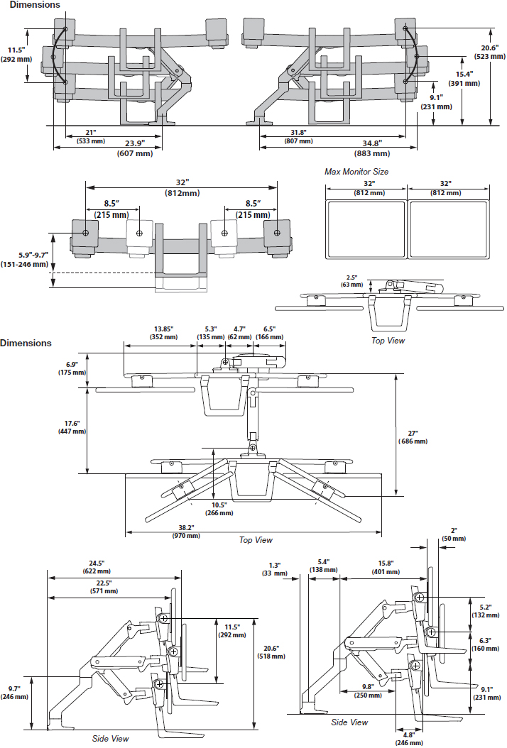 Technical Drawing for Ergotron 45-548-216 HX Desk Dual Monitor Arm, No Clamp
