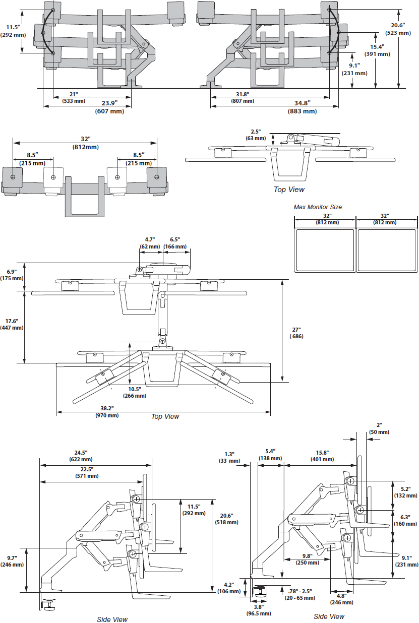 Technical drawing for Ergotron 45-476-026 HX Desk Mount Dual Monitor Arm (polished aluminum)