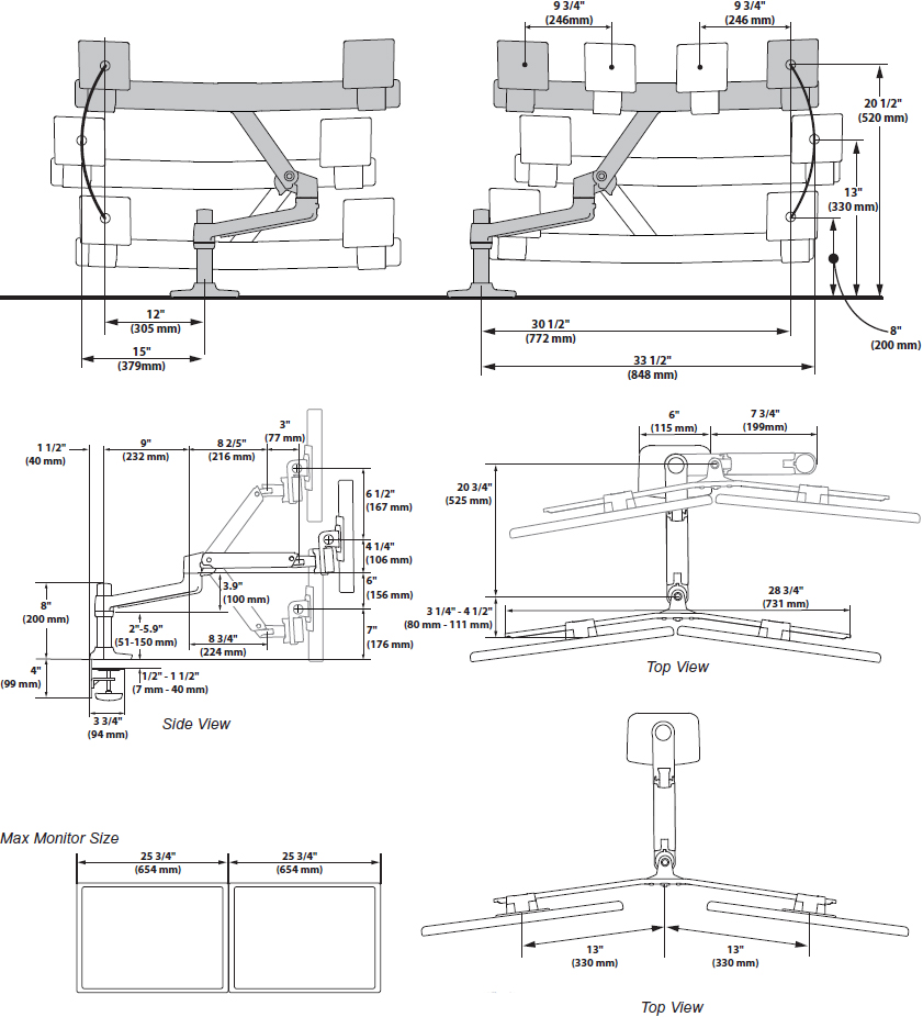 Technical drawing for Ergotron 45-489-216 LX Desk Mount Dual Direct Arm (white)