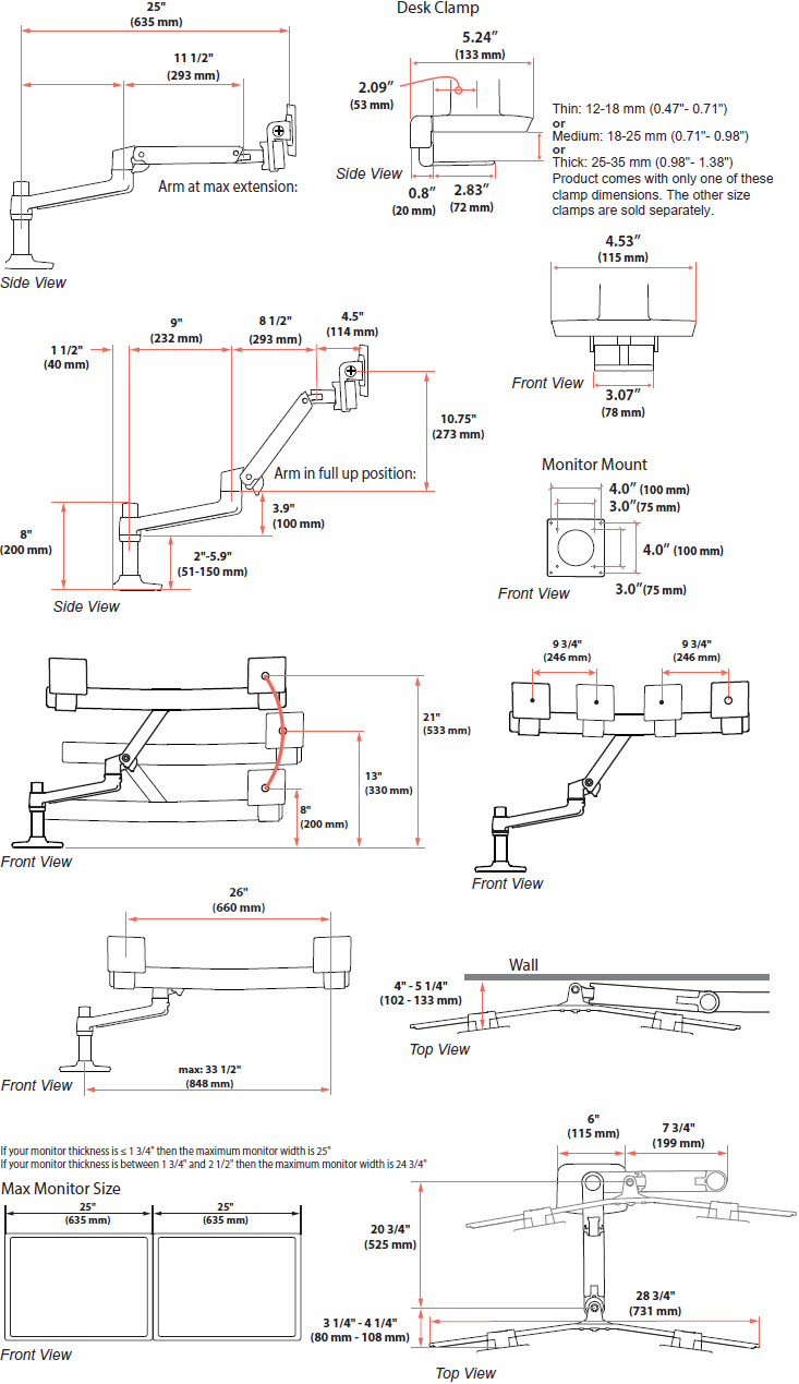 Technical Drawing for Ergotron 45-627-216 LX Desk Dual Direct Arm with Low-Profile Clamp (white)
