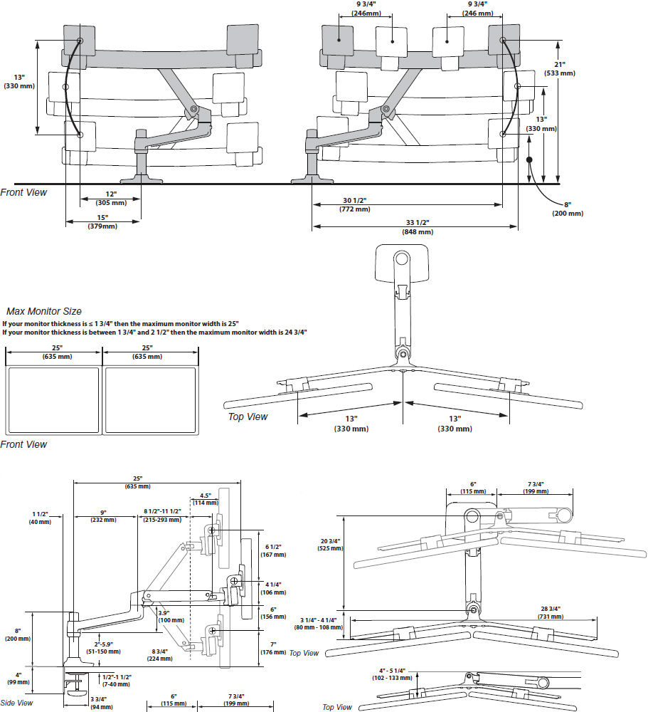 Technical drawing for Ergotron 45-489-224 LX Desk Dual Direct Arm (matte black)