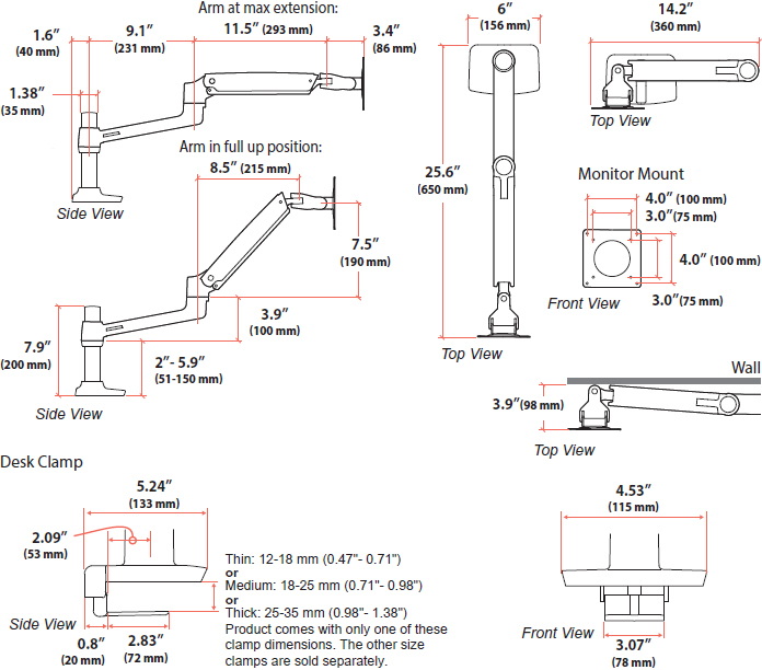 Technical Drawing for Ergotron 45-626-216 LX Desk Mount Monitor Arm with Low-Profile Clamp (white)